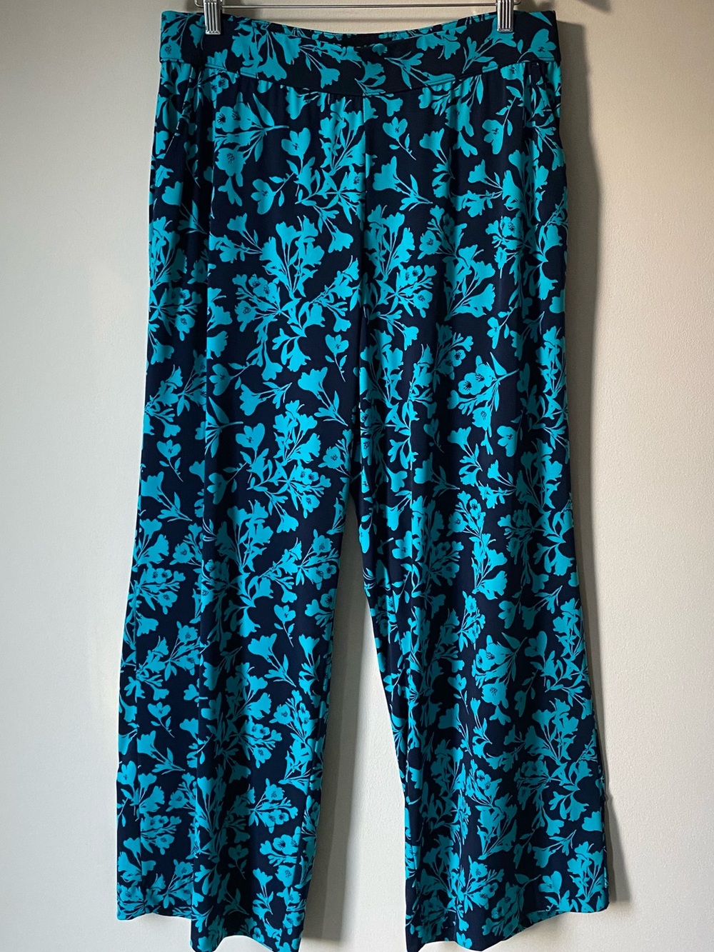 Lane Bryant Floral Pull On Wide Leg Slinky Pants Turquoise Stretch Travel 14/16